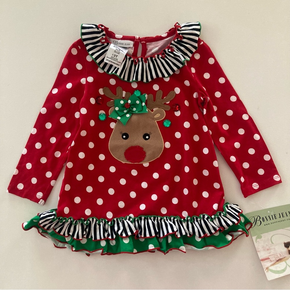 Bonnie Jean 3T Toddler Girl Holiday Christmas Dress Reindeer Ruffle Polka Dot